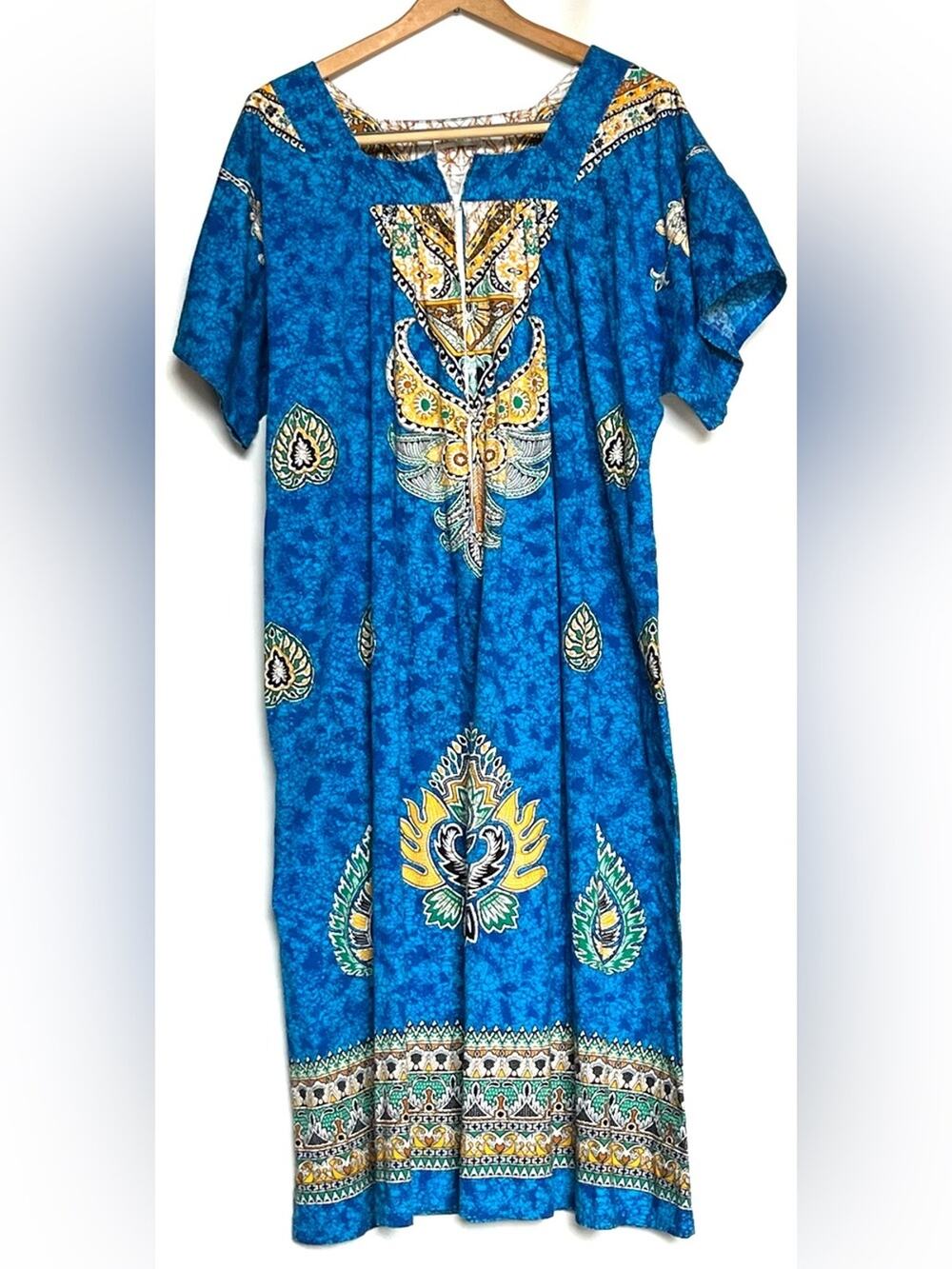 Vintage Blue Printed MuuMuu Housedress MuMu Summer Coverup Beach Boho Caftan OS